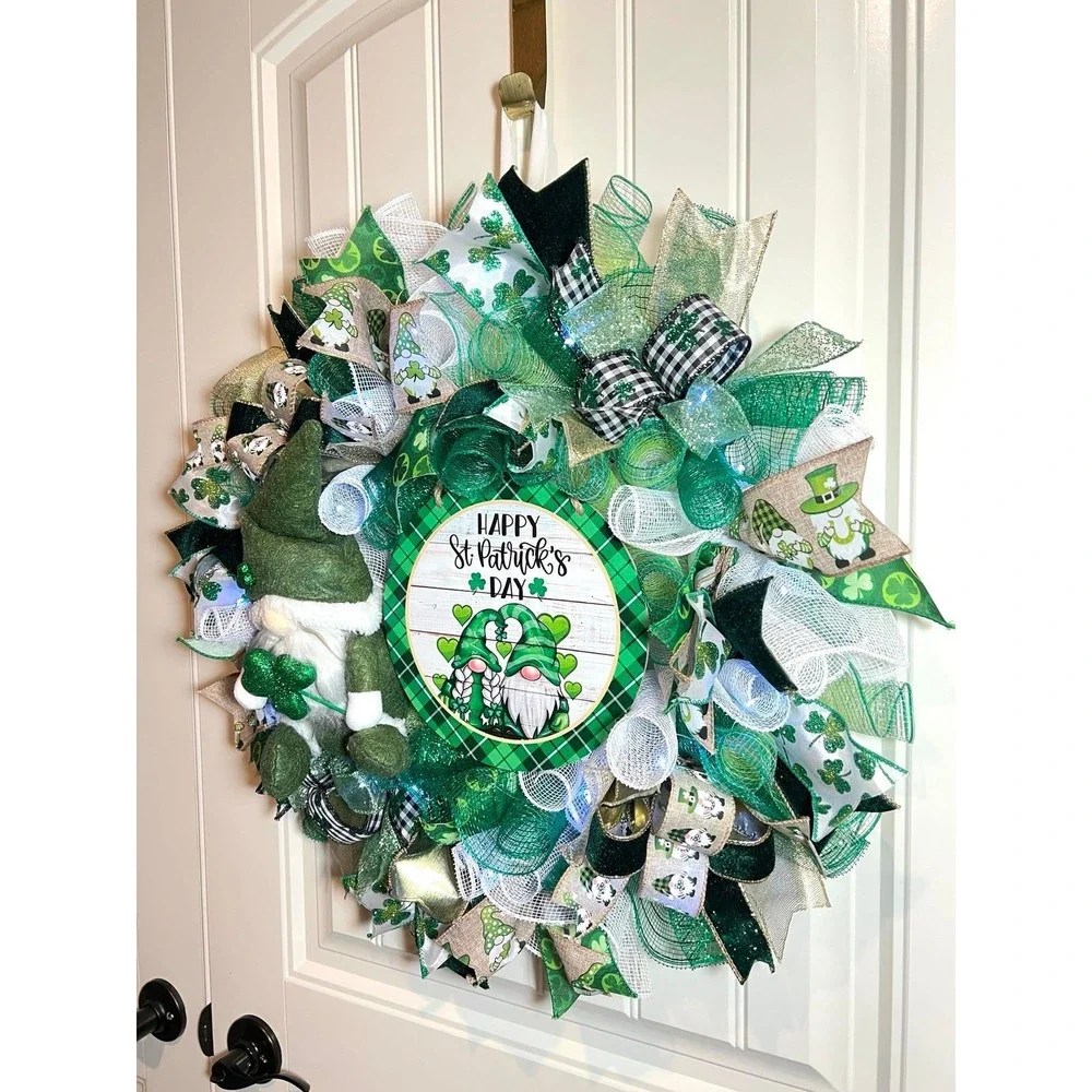 Handmade Happy St. Patrick’s Day Gnome Ribbon Prelit Wreath 22 ins LED W13